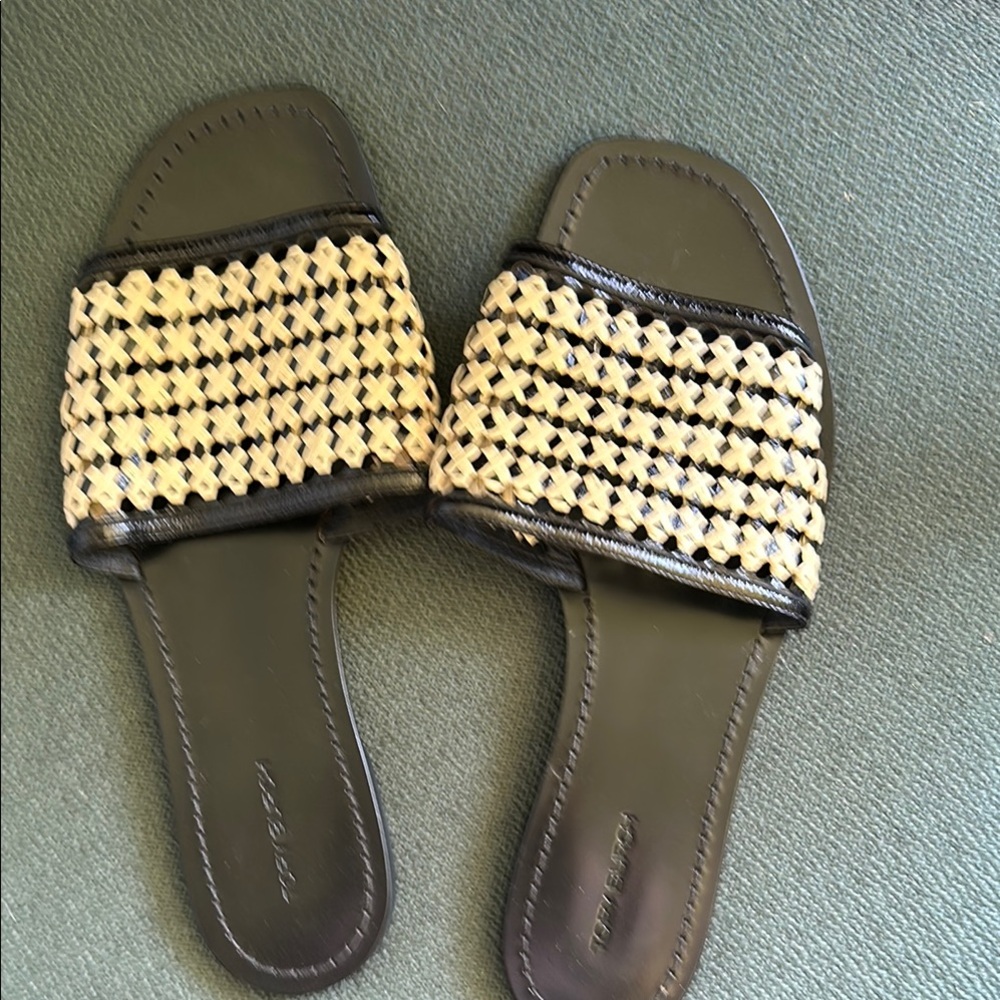 Tory Burch Black and Cream Embellished Slide Sandals